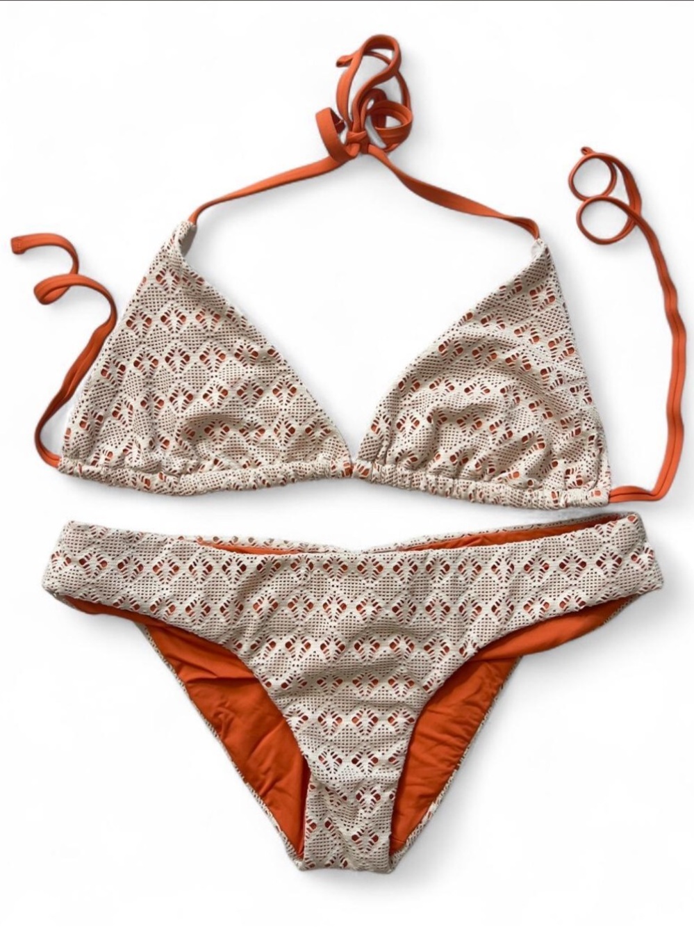BECCA Beige Crochet Triangle Bikini with Rust Trim